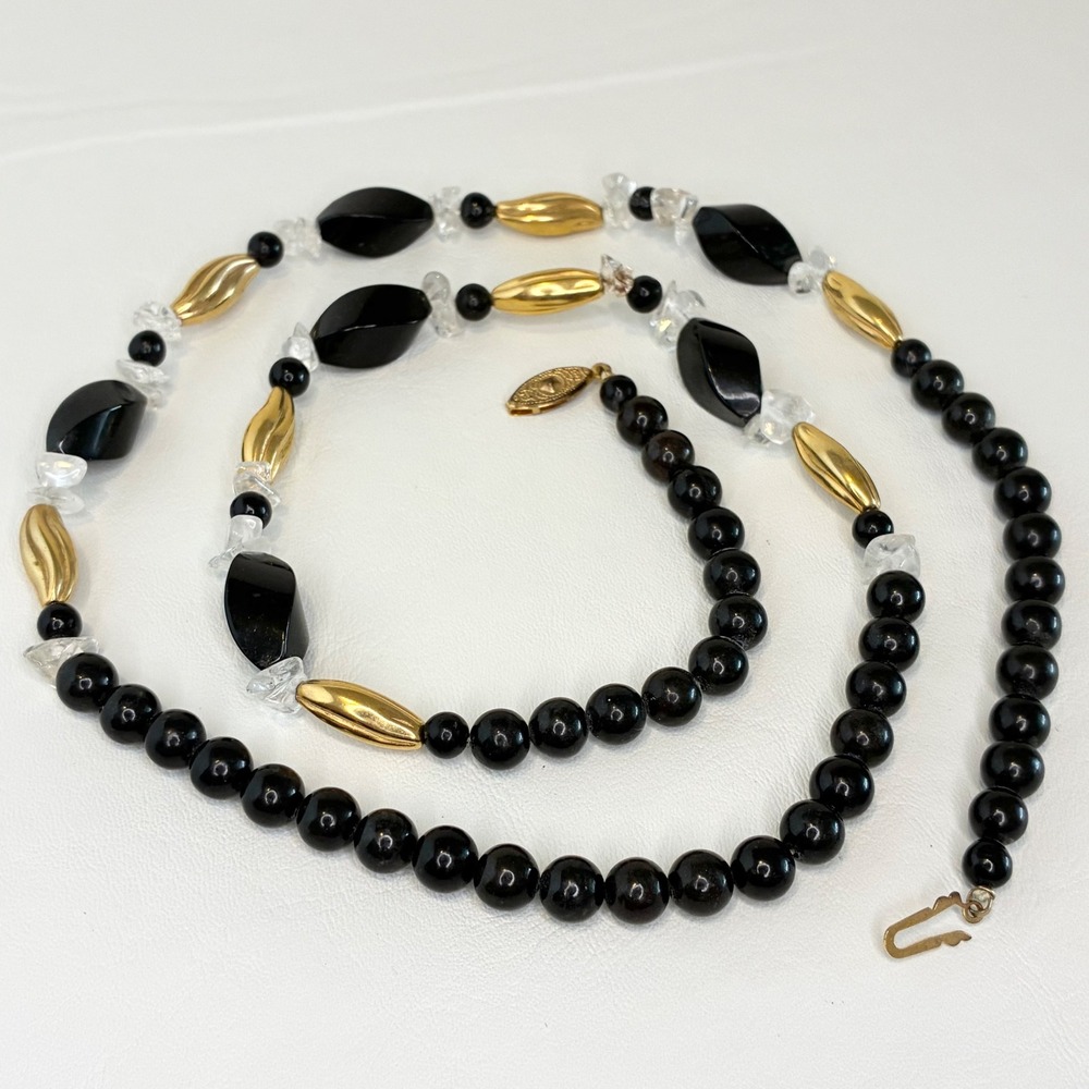 Vintage Long Necklace Black Stone Beads Clear Quartz Gold Tone Accents 31"
